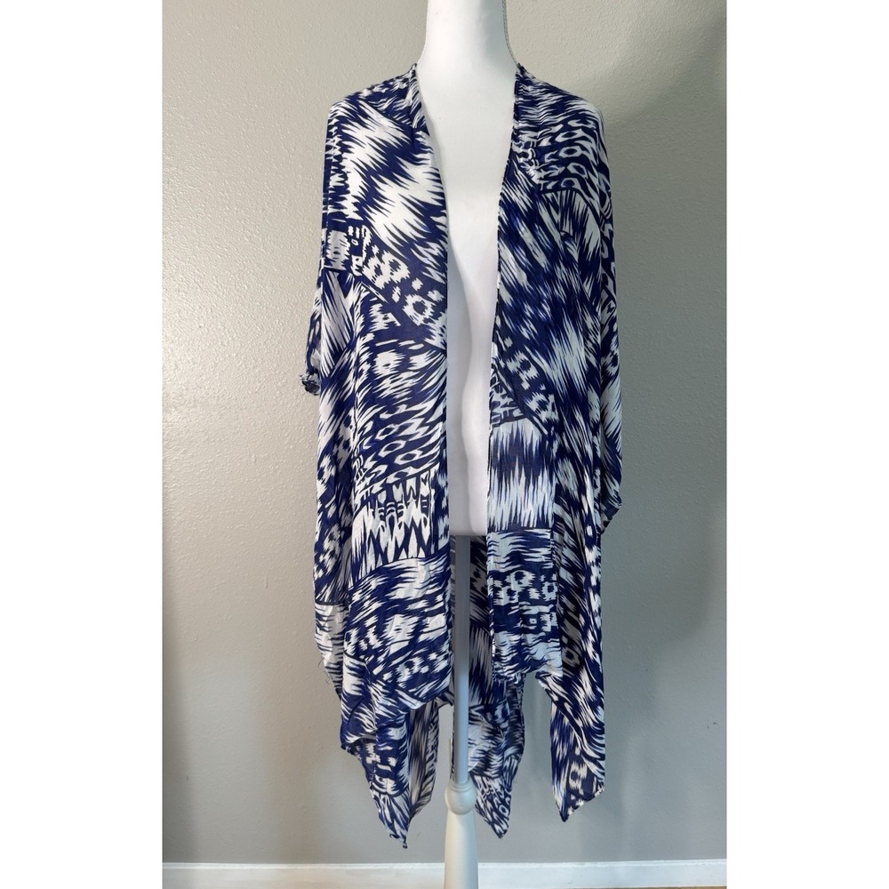 Michael Stars Blue White Abstract Print Viscose Kimono Duster‎ One Size Flowy
